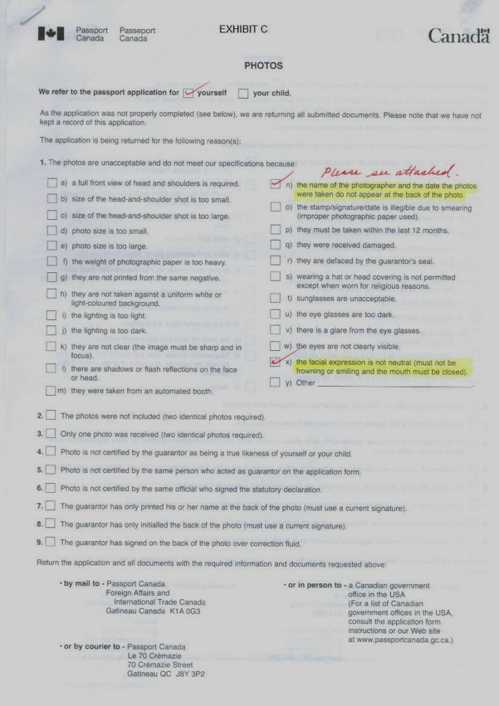 Canadian PASSPORT REJECTION Canadian PASSPORT REJECTION